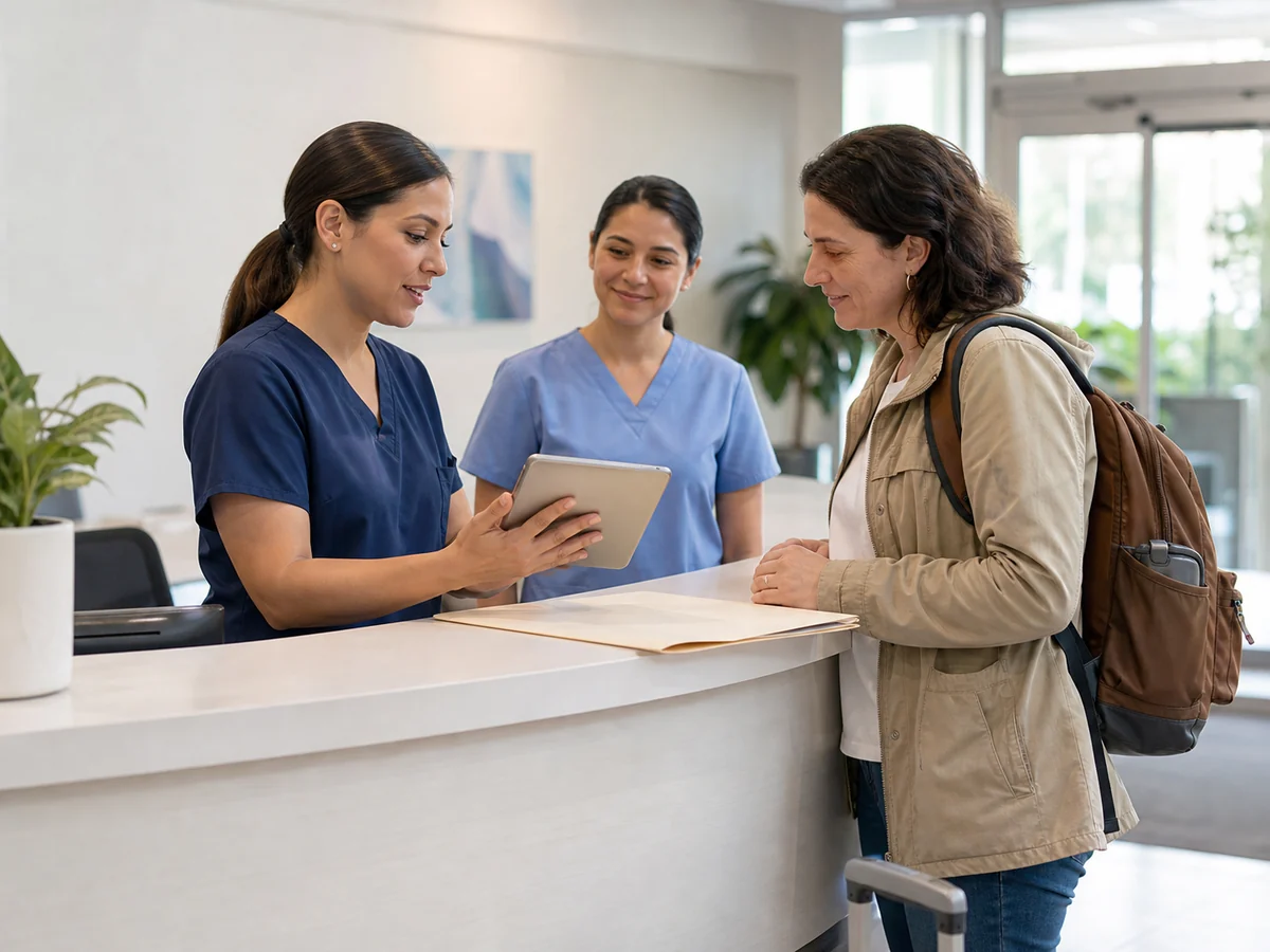 Clinic coordinator helping a traveler with assistance documents