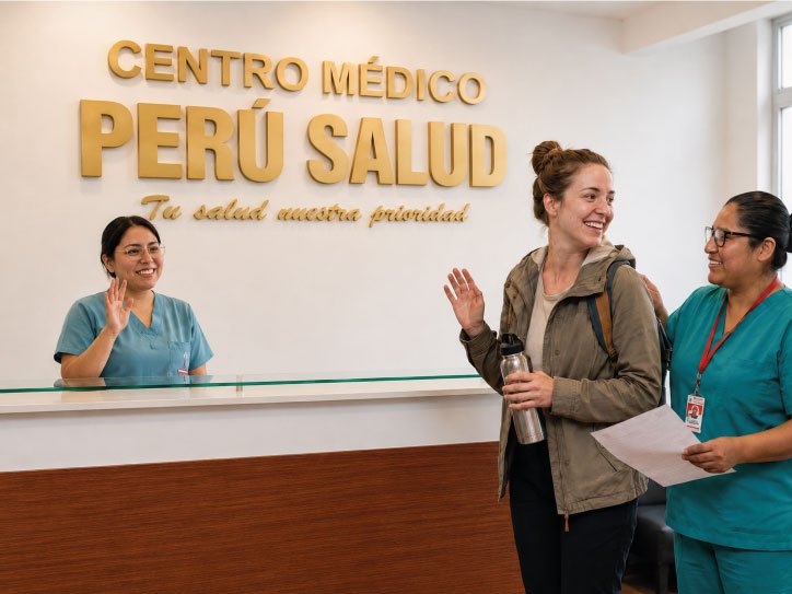 Equipo médico orientando a una viajera con la ciudad de Cusco al fondo