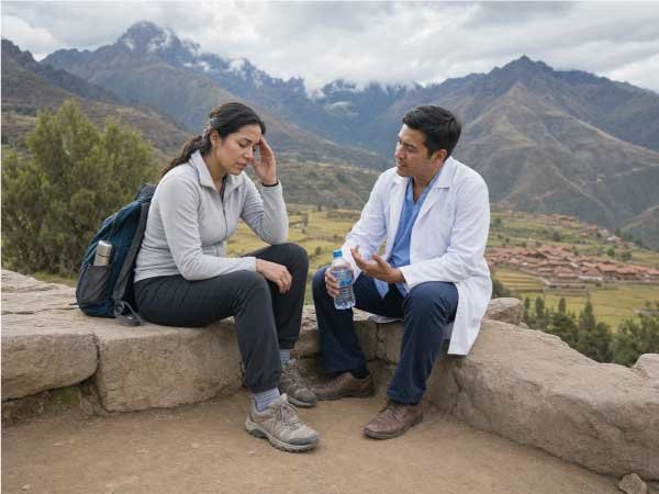 Traveler receiving guidance about altitude discomfort